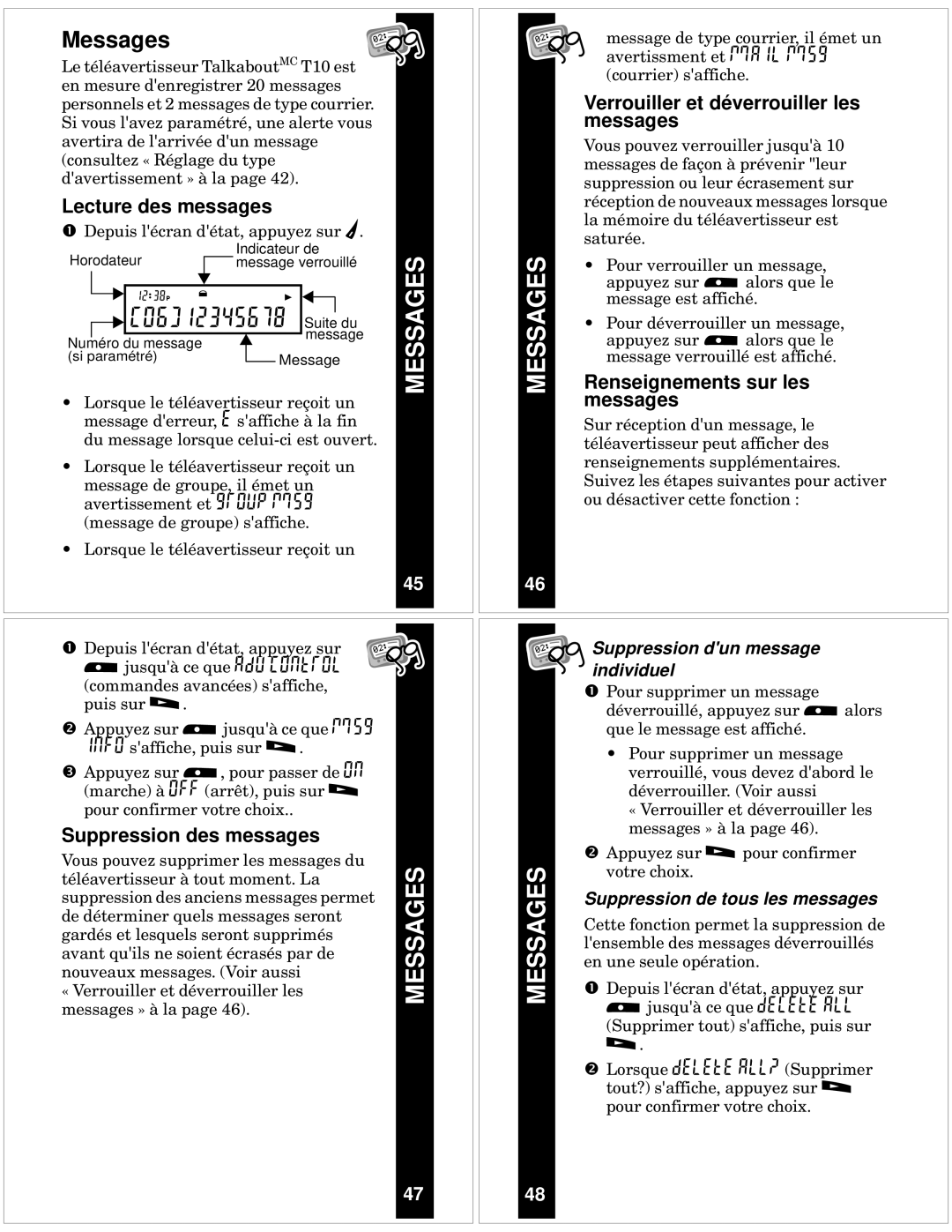 Motorola T10 manual Messages, Lecture des messages, Suppression des messages, Verrouiller et déverrouiller les messages 