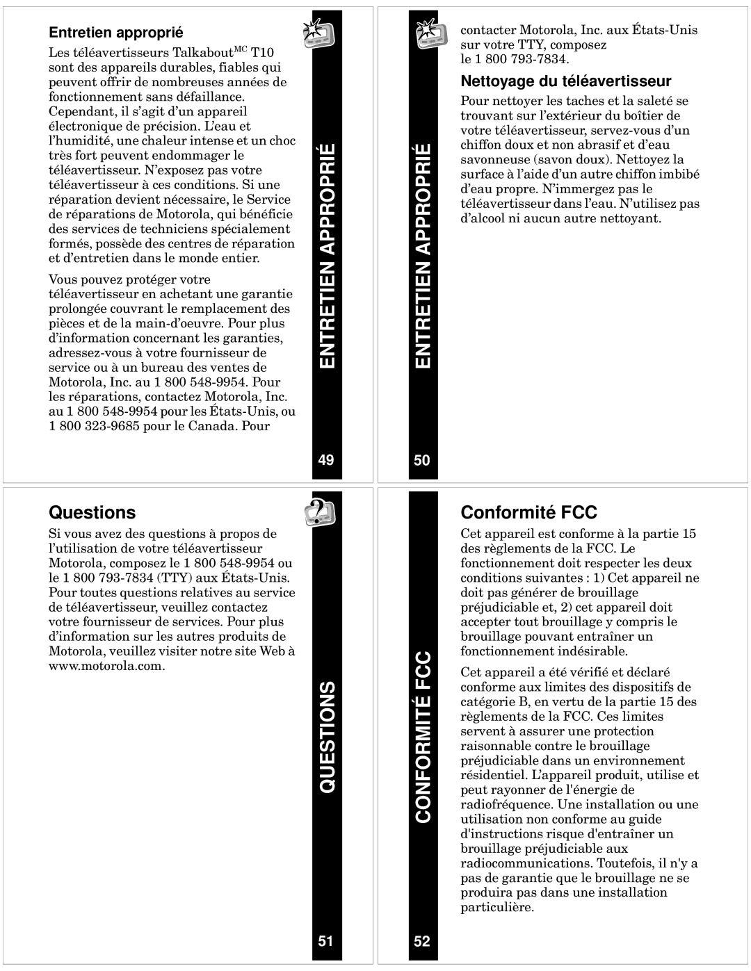 Motorola T10 manual Entretien Approprié Conformité FCC, Nettoyage du téléavertisseur 