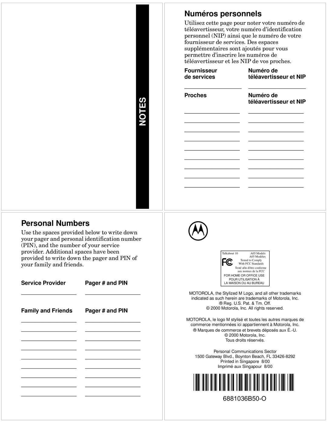 Motorola T10 manual Personal Numbers, Numéros personnels 