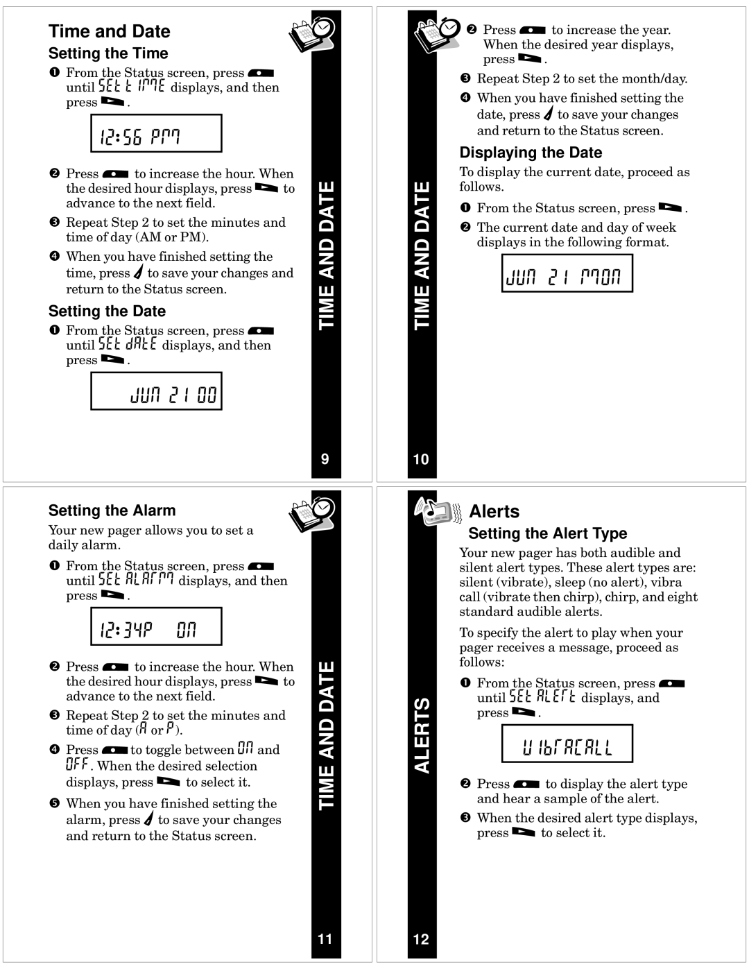 Motorola T10 manual Time and Date, Alerts 