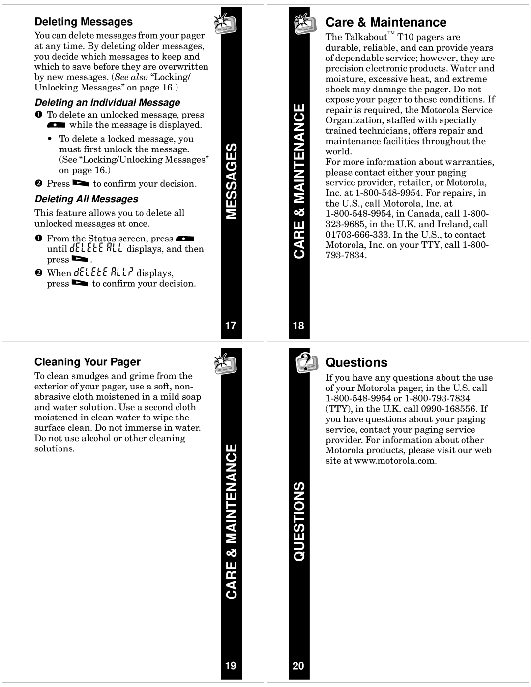 Motorola T10 manual Care & Maintenance Questions, Deleting Messages, Cleaning Your Pager 