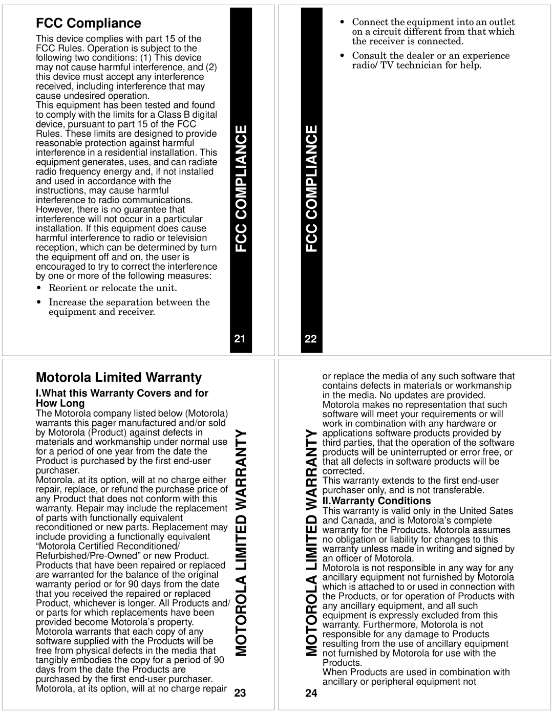 Motorola T10 manual Fcc, FCC Compliance, Motorola Limited Warranty 