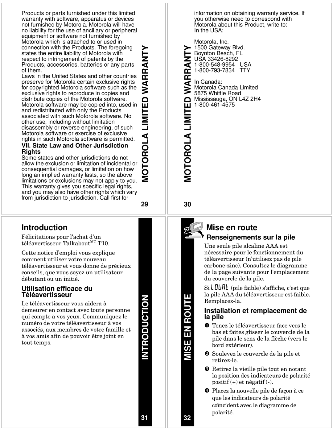 Motorola T10 manual Mise en route, Utilisation efficace du Téléavertisseur, Renseignements sur la pile, La pile 