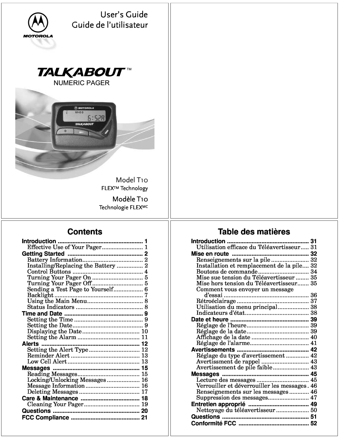 Motorola manual Contents, Table des matières, Numericpager, User’s Guide Guide de l’utilisateur, Modèle T10, Model T10 