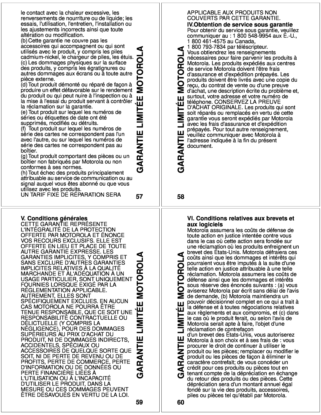 Motorola T10 manual V. Conditions générales, IV.Obtention de service sous garantie, VI. Conditions relatives aux brevets et 