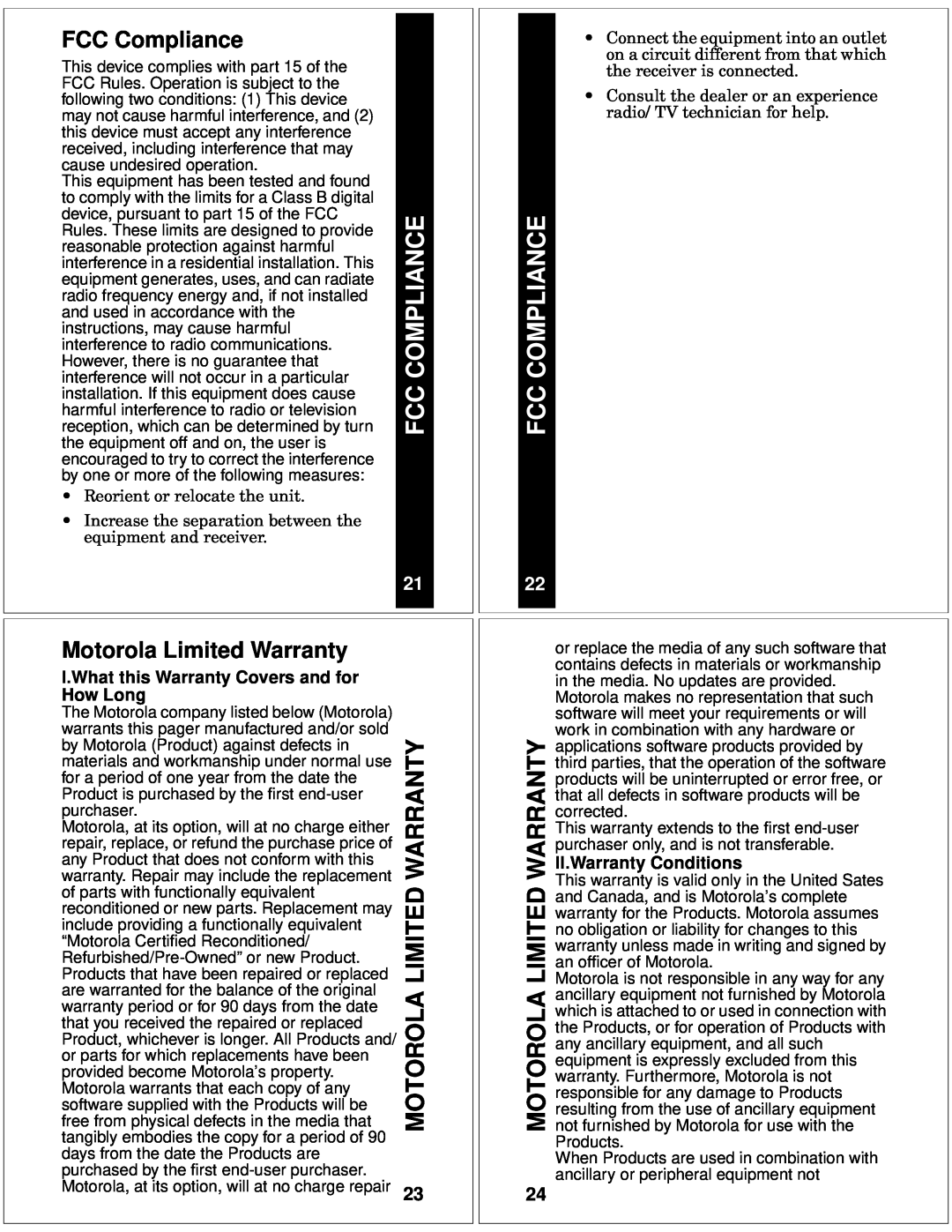 Motorola T10 manual Fcc Compliance, FCC Compliance, Motorola Limited Warranty, I.What this Warranty Covers and for How Long 