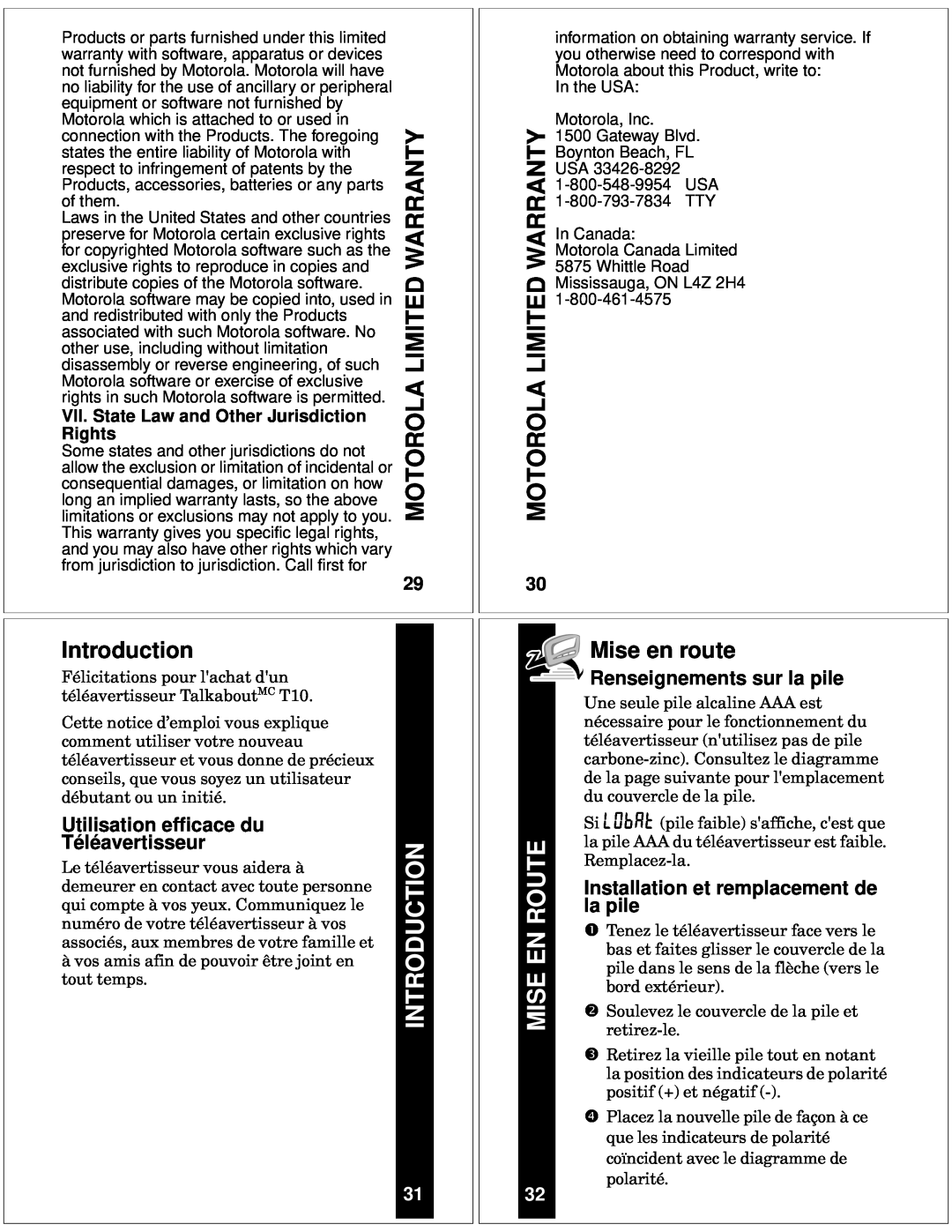 Motorola T10 manual Limited, Mise en route, Utilisation efficace du, Téléavertisseur, Renseignements sur la pile, Rights 