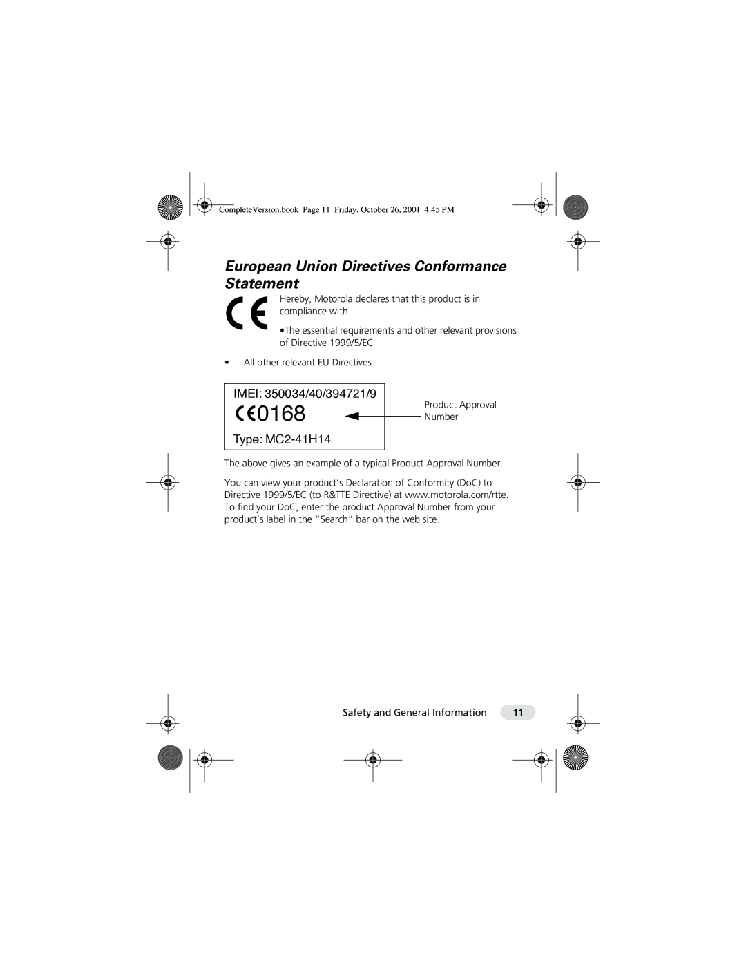 Motorola T190 manual European Union Directives Conformance Statement, Imei 350034/40/394721/9, Type MC2-41H14 