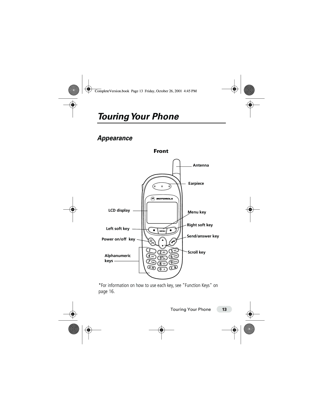 Motorola T190 manual Touring Your Phone, Appearance, Front 