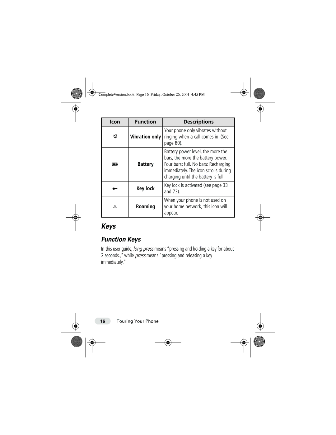 Motorola T190 manual Function Keys, Appear 