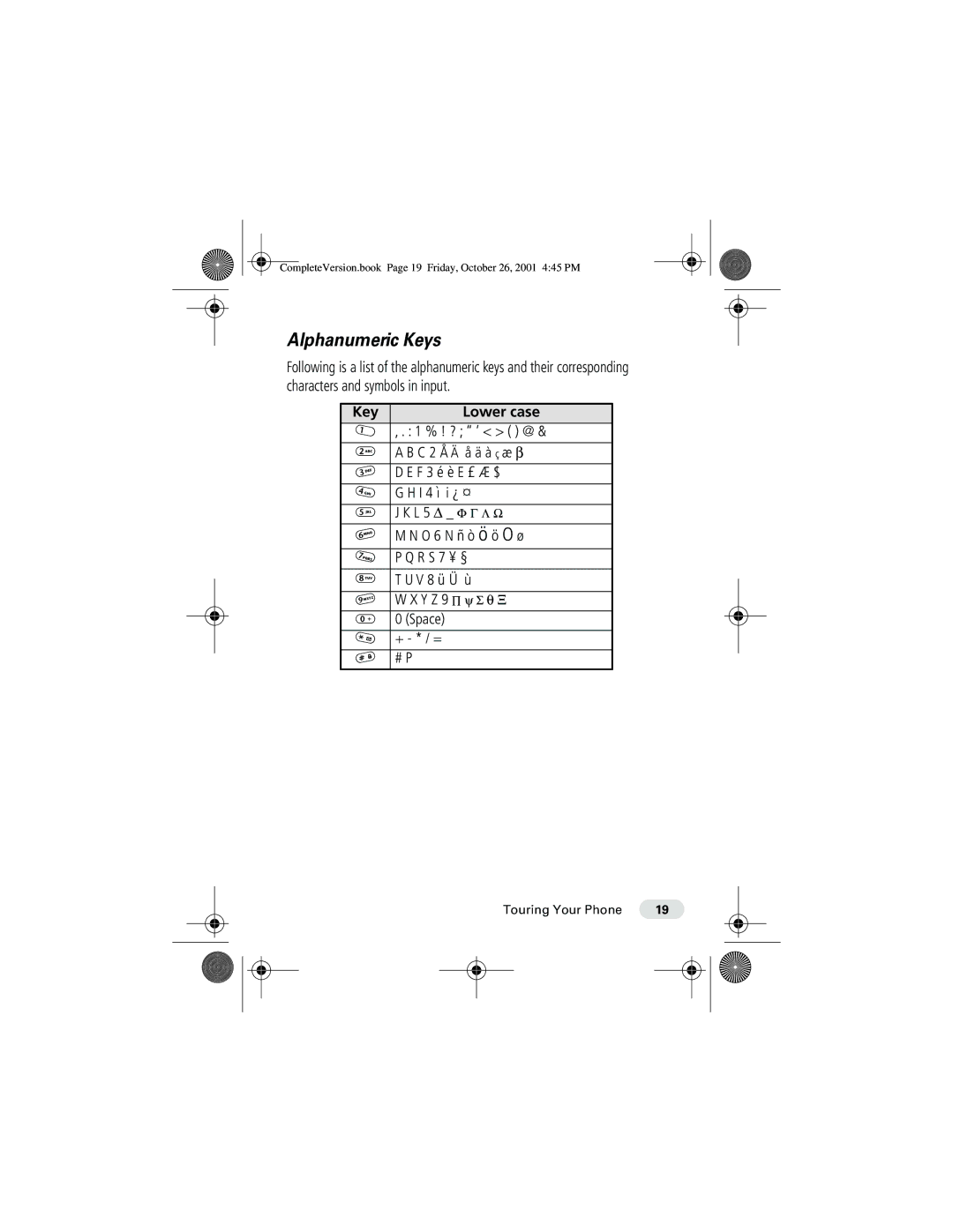 Motorola T190 manual Alphanumeric Keys, Key Lower case 