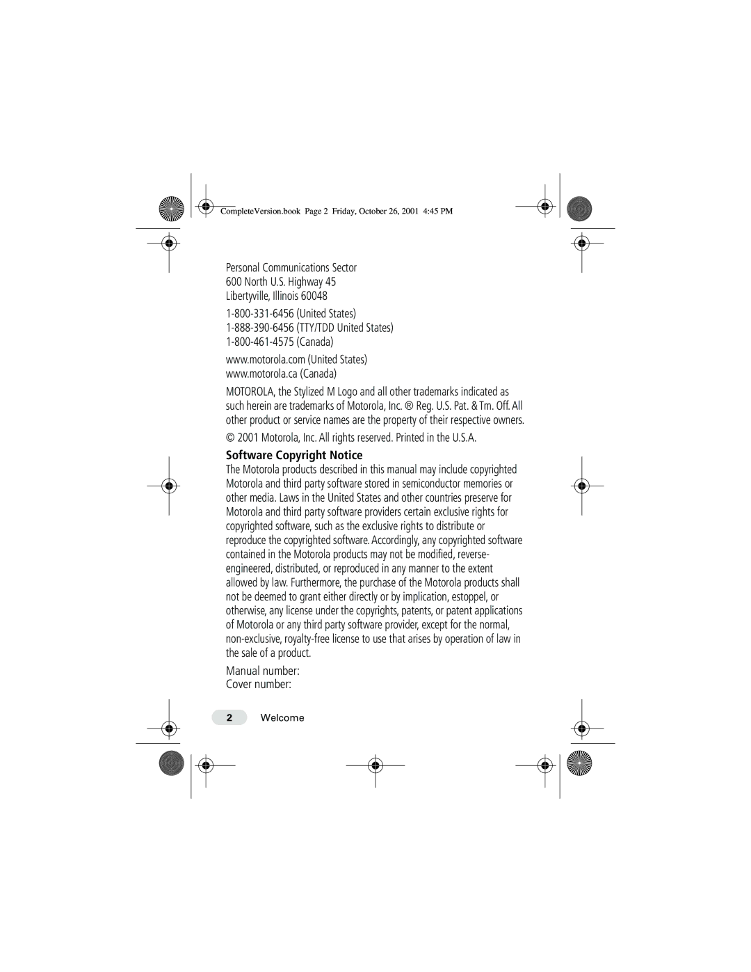 Motorola T190 manual United States Canada, Software Copyright Notice, Manual number Cover number 