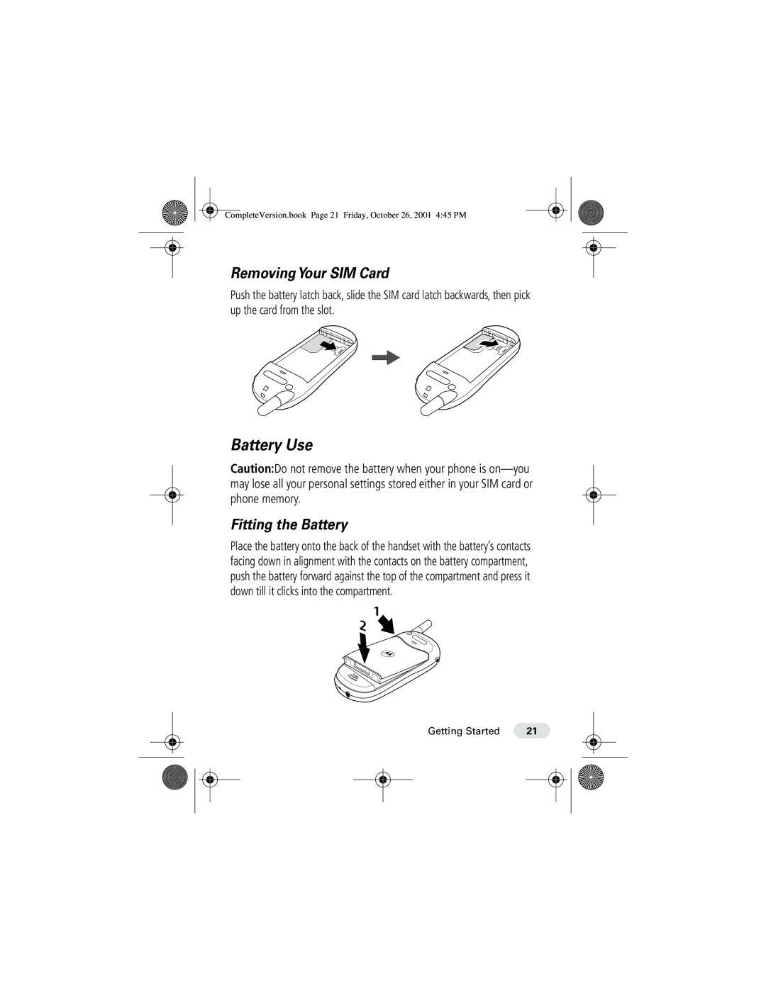 Motorola T190 manual Battery Use, Removing Your SIM Card, Fitting the Battery 