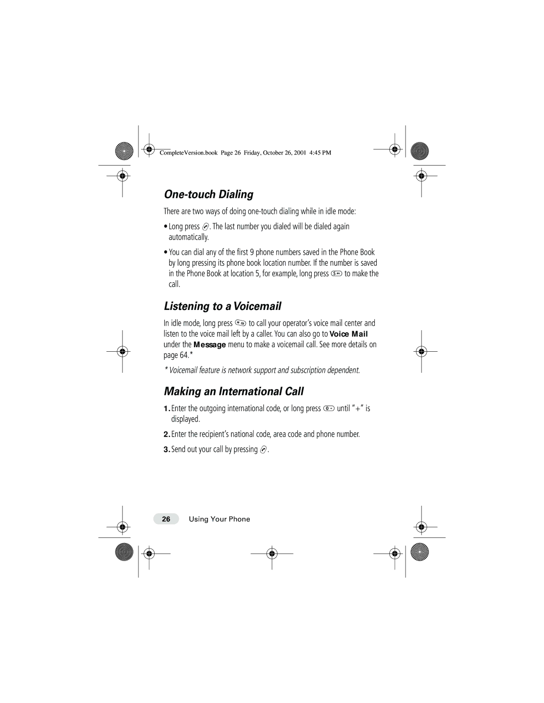 Motorola T190 manual One-touch Dialing, Listening to a Voicemail, Making an International Call 