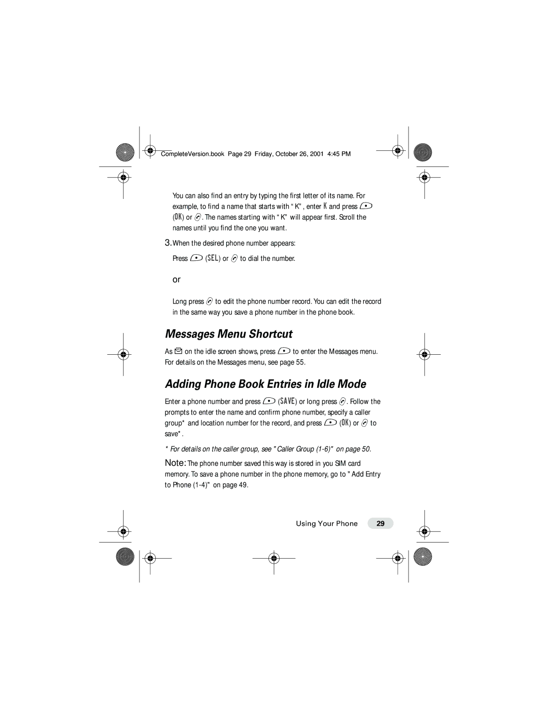 Motorola T190 manual Messages Menu Shortcut, Adding Phone Book Entries in Idle Mode 