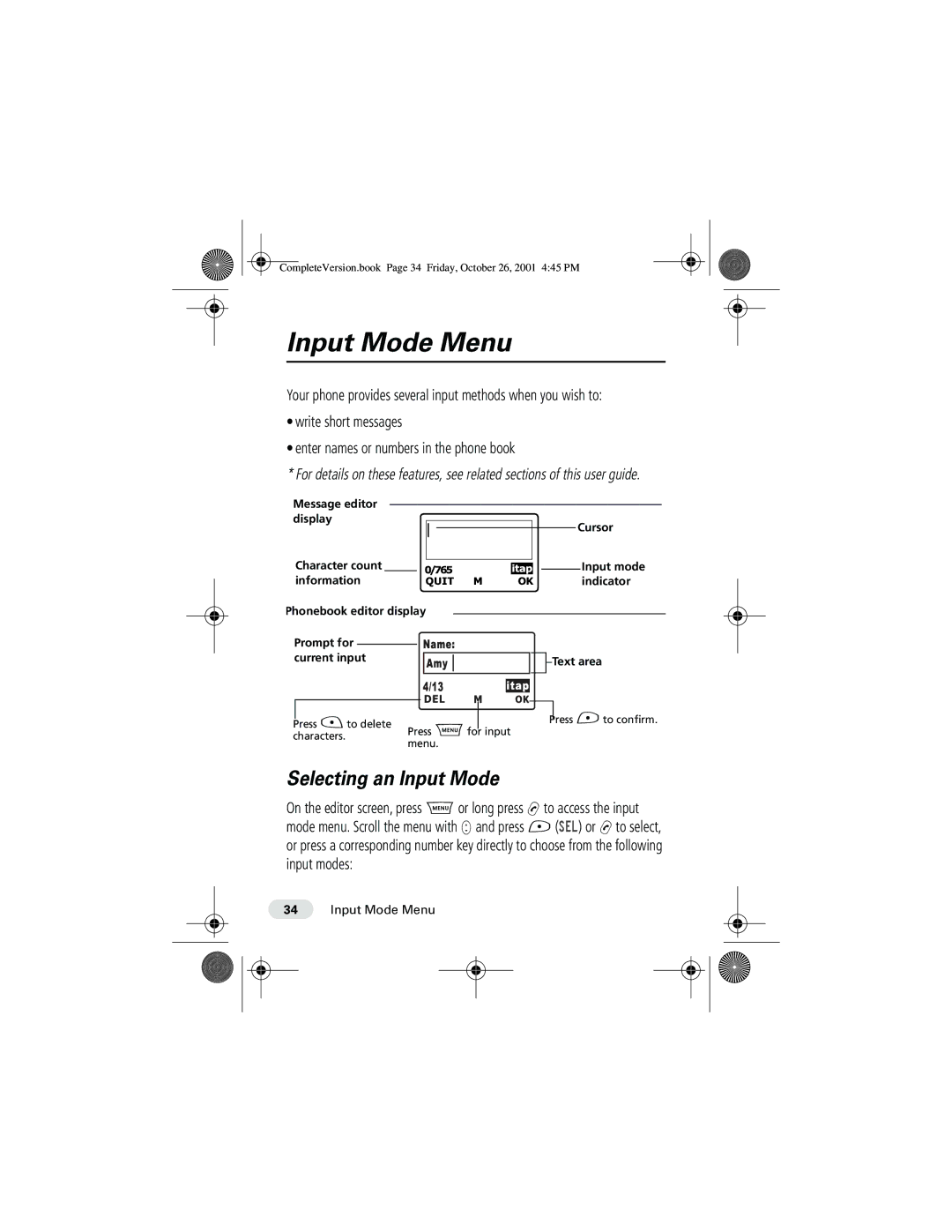 Motorola T190 manual Input Mode Menu, Selecting an Input Mode 