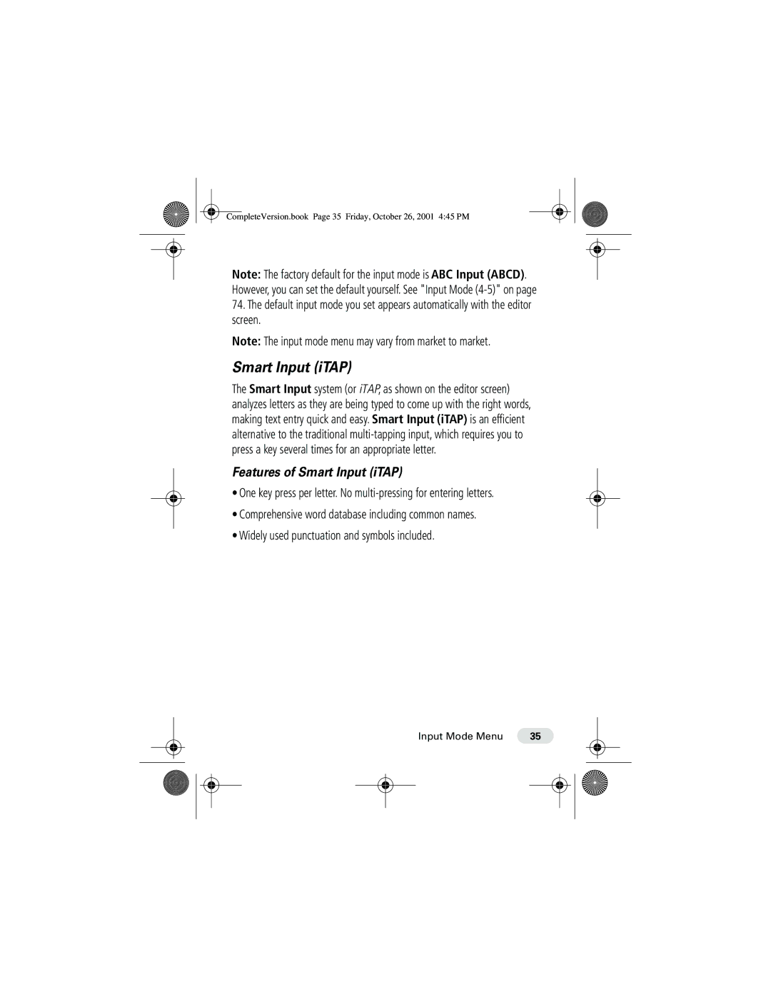 Motorola T190 manual Features of Smart Input iTAP 