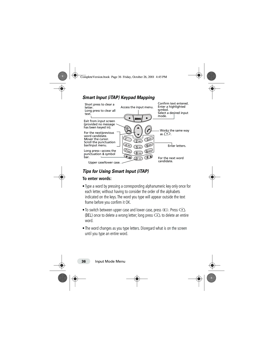 Motorola T190 manual Tips for Using Smart Input iTAP, Smart Input iTAP Keypad Mapping, To enter words 