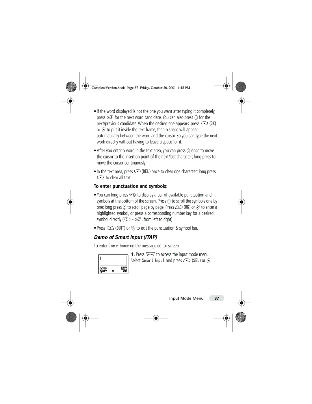 Motorola T190 manual Demo of Smart input iTAP, To enter punctuation and symbols 