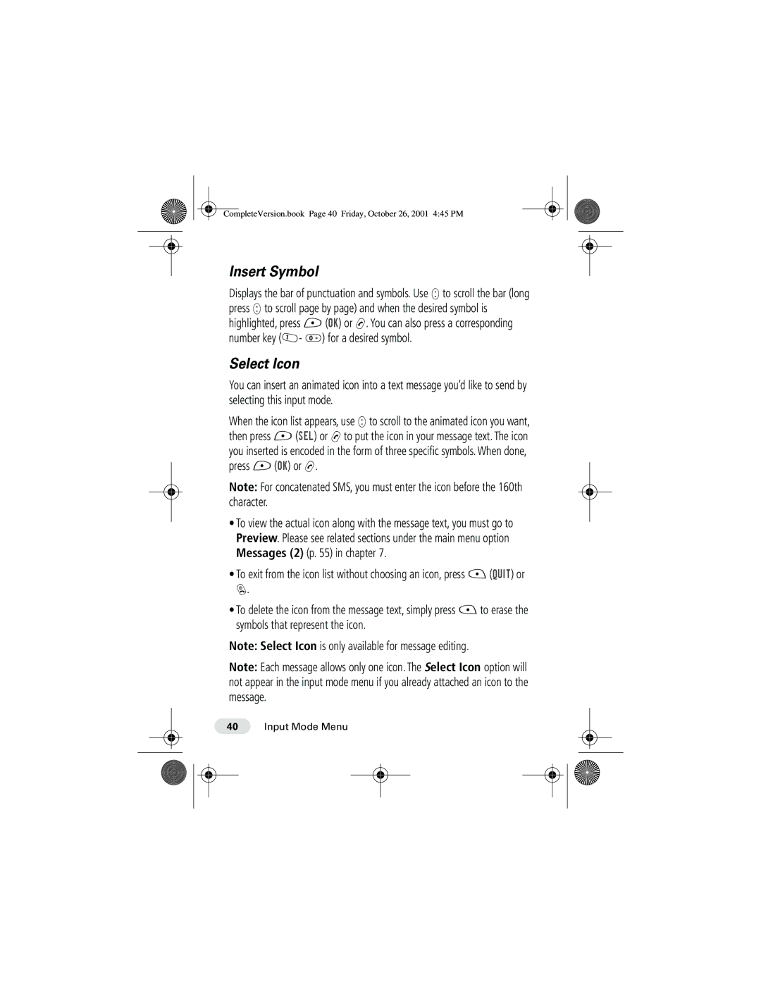 Motorola T190 manual Insert Symbol, Select Icon 