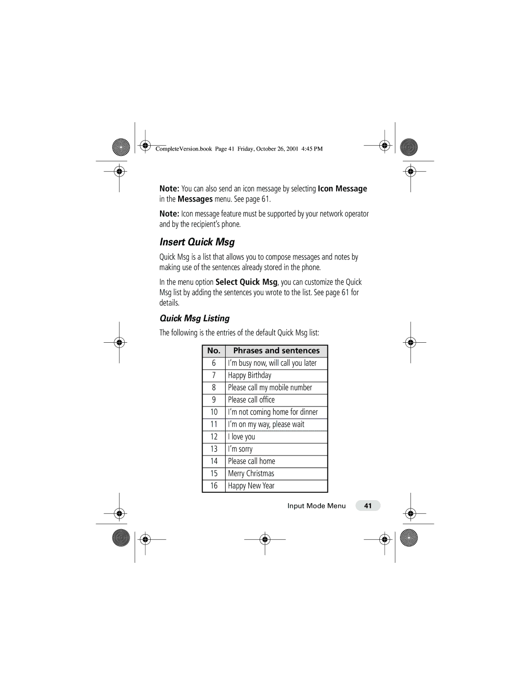 Motorola T190 manual Insert Quick Msg, Quick Msg Listing, Phrases and sentences 