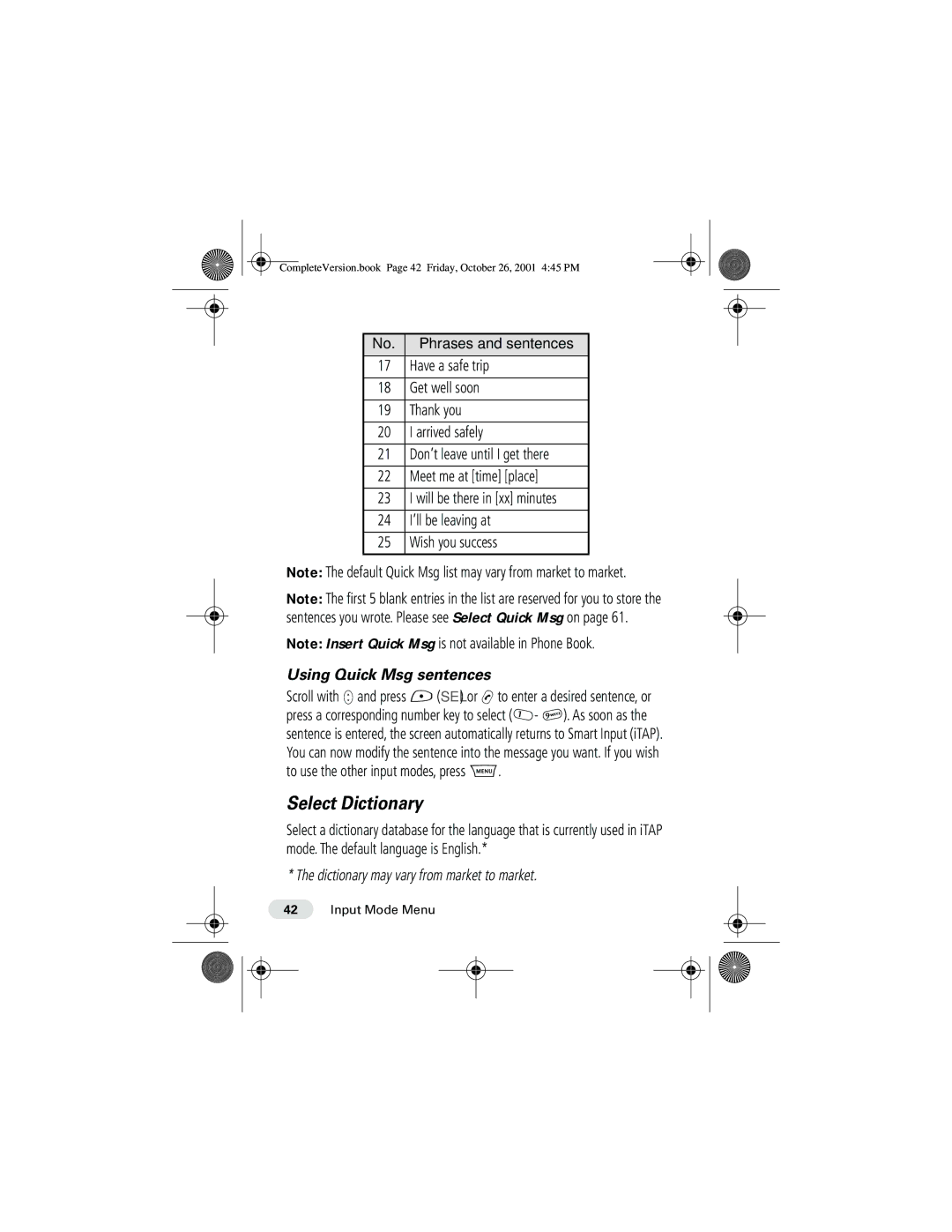 Motorola T190 manual Select Dictionary, Using Quick Msg sentences 