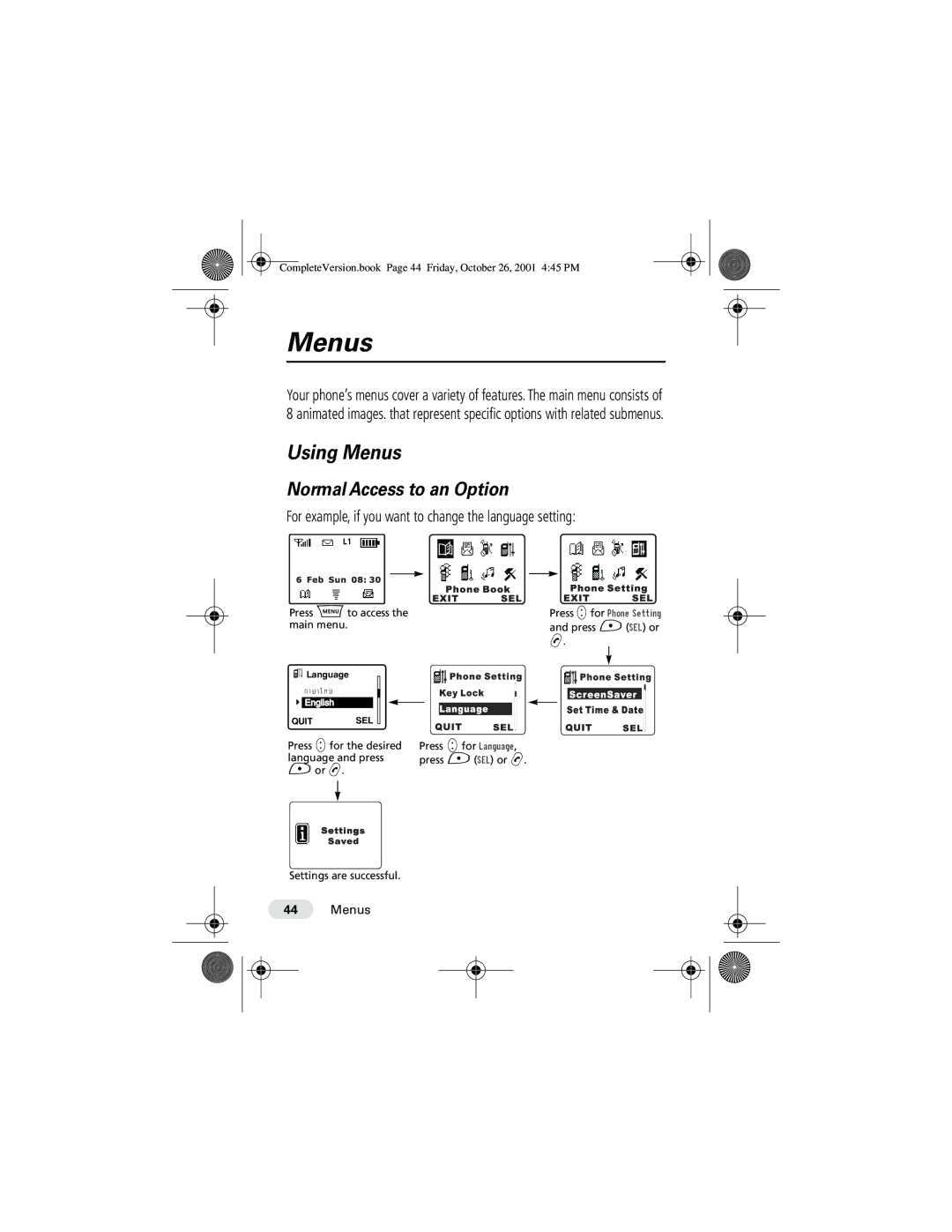 Motorola T190 manual Using Menus, Normal Access to an Option, For example, if you want to change the language setting 