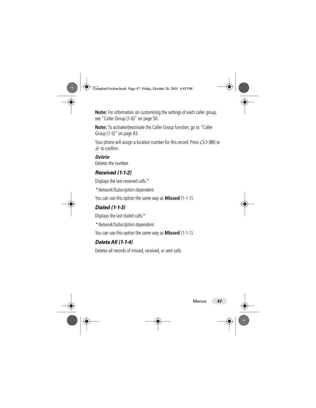 Motorola T190 manual Received, Dialed, Delete All 