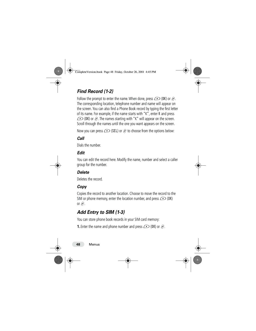 Motorola T190 manual Find Record, Add Entry to SIM 