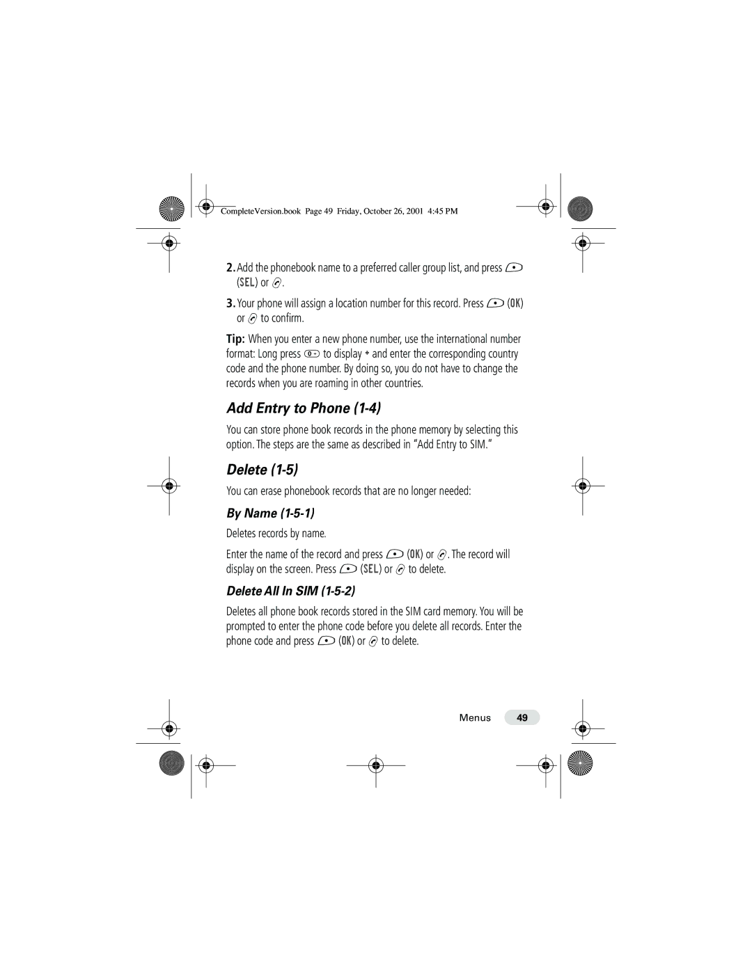 Motorola T190 manual Add Entry to Phone, By Name, Delete All In SIM 