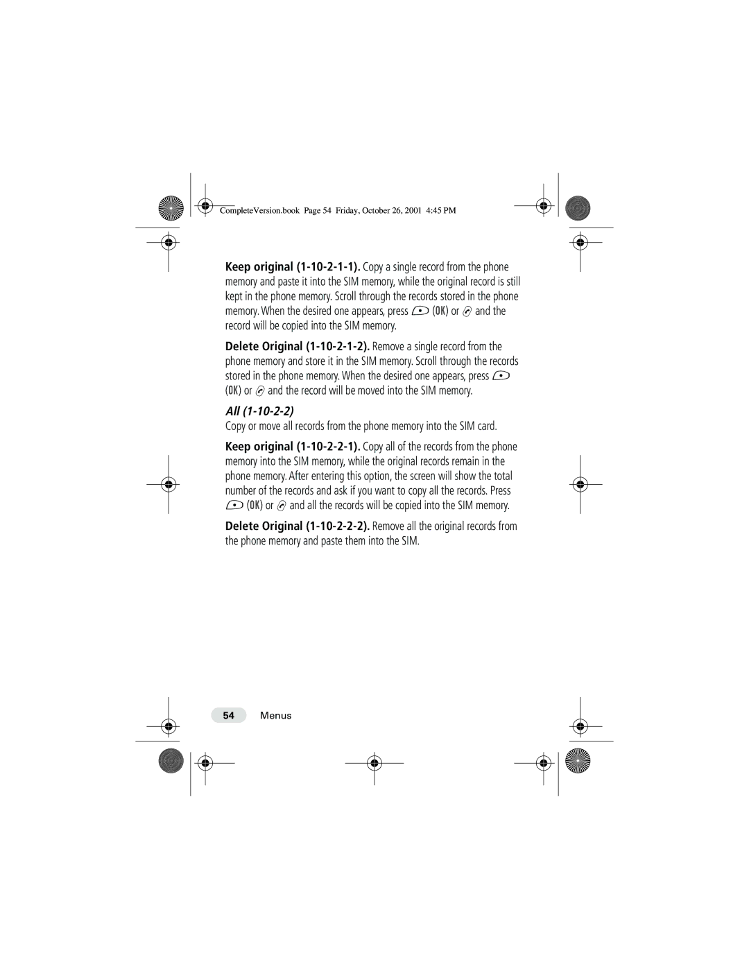 Motorola T190 manual CompleteVersion.book Page 54 Friday, October 26, 2001 445 PM 