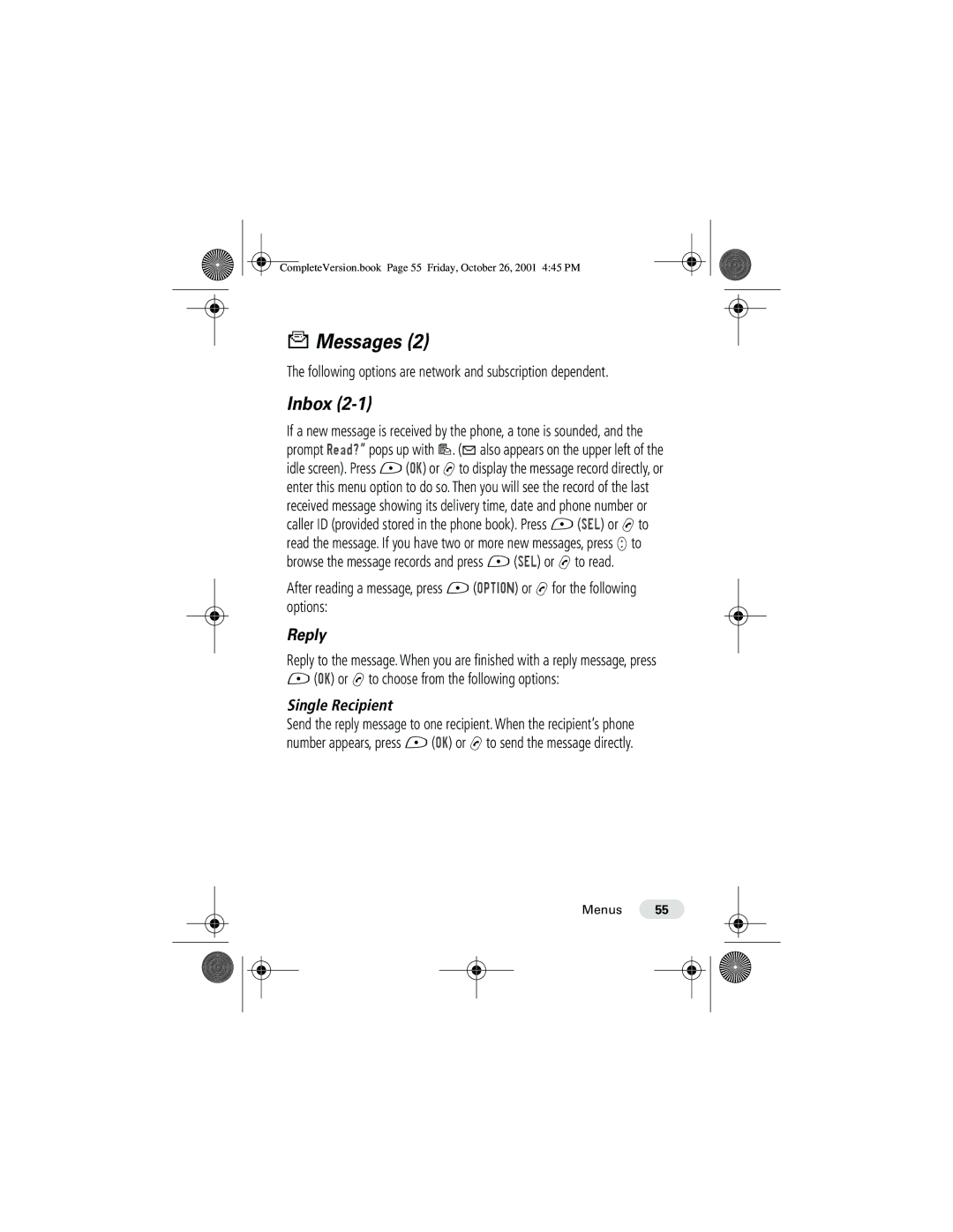 Motorola T190 manual Messages, Inbox, Reply, Following options are network and subscription dependent, Single Recipient 