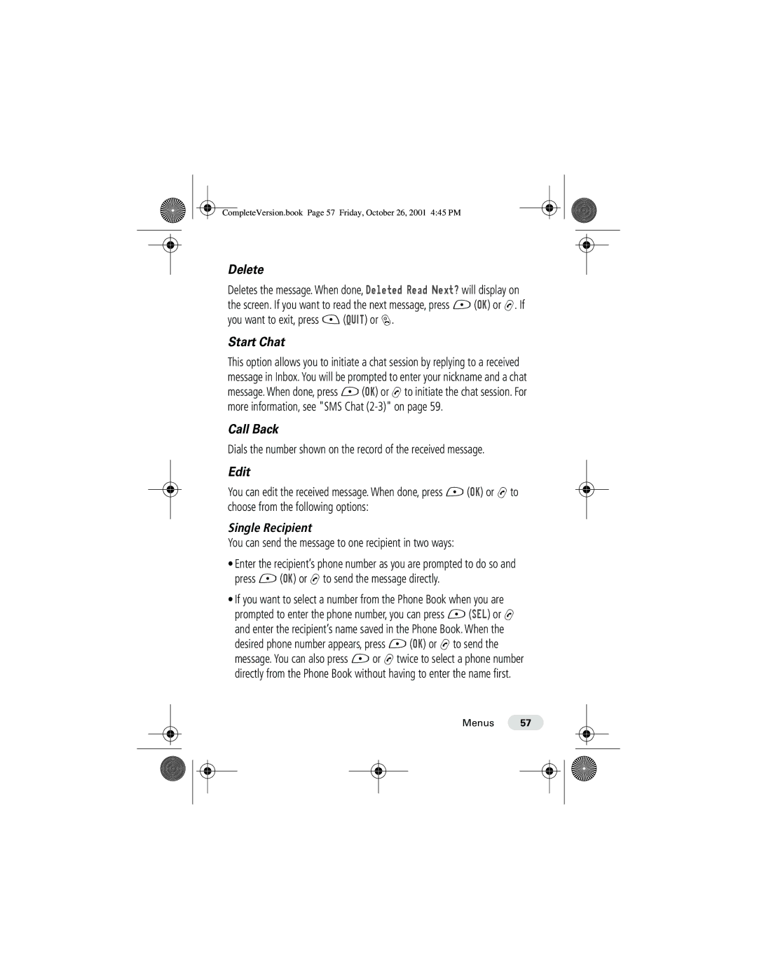 Motorola T190 manual Start Chat, Call Back, You can send the message to one recipient in two ways 