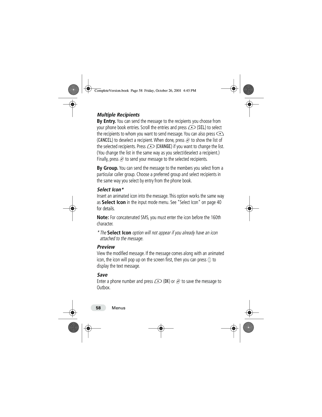 Motorola T190 manual CompleteVersion.book Page 58 Friday, October 26, 2001 445 PM 