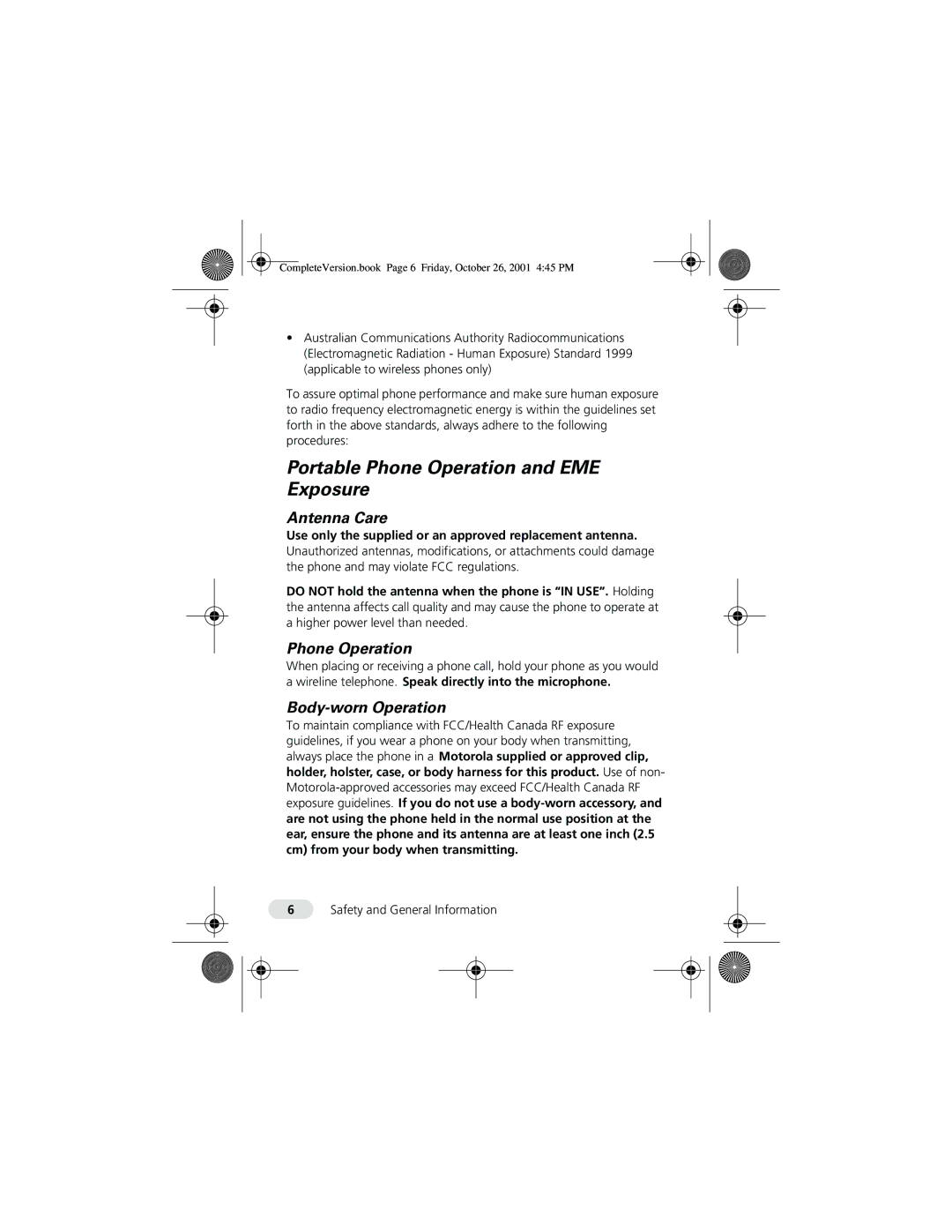 Motorola T190 manual Portable Phone Operation and EME Exposure, Antenna Care, Body-worn Operation 