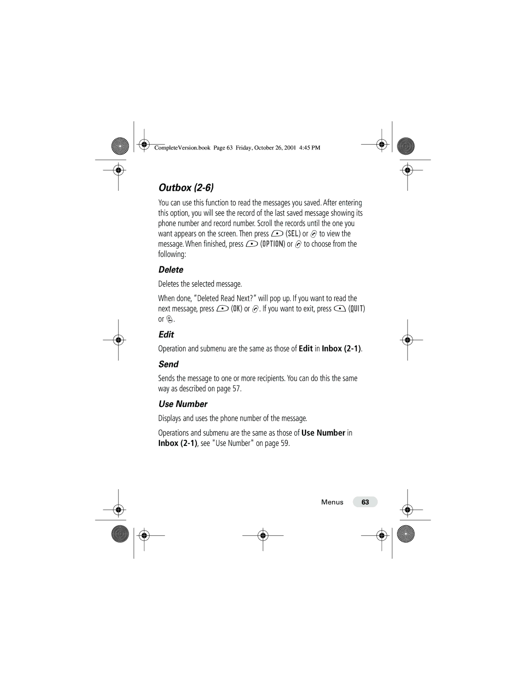 Motorola T190 manual Outbox, Displays and uses the phone number of the message 