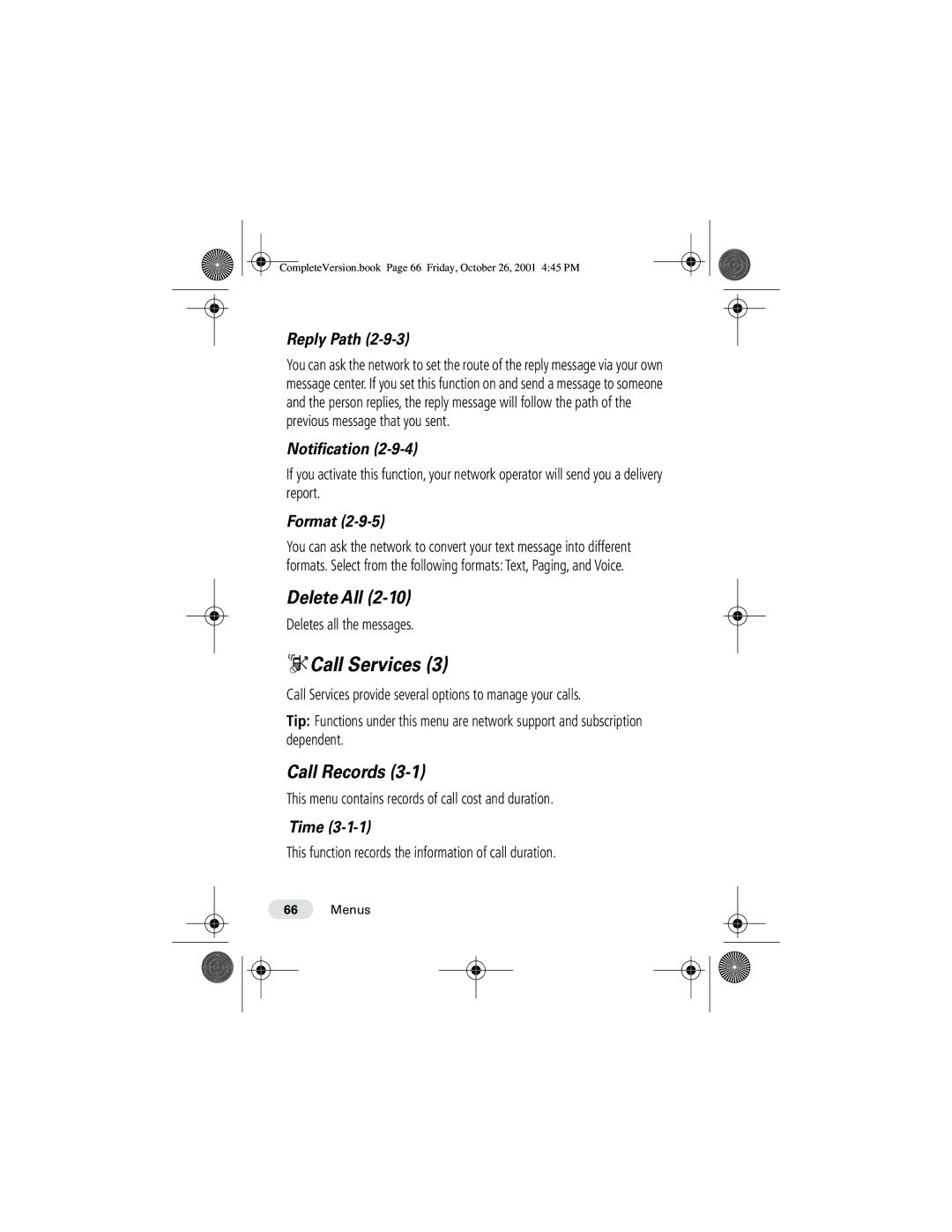 Motorola T190 manual DCall Services, Delete All, Call Records 