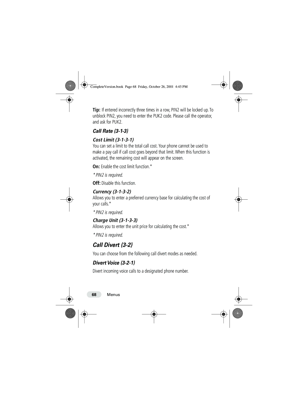 Motorola T190 manual Call Divert, Call Rate, Divert Voice 