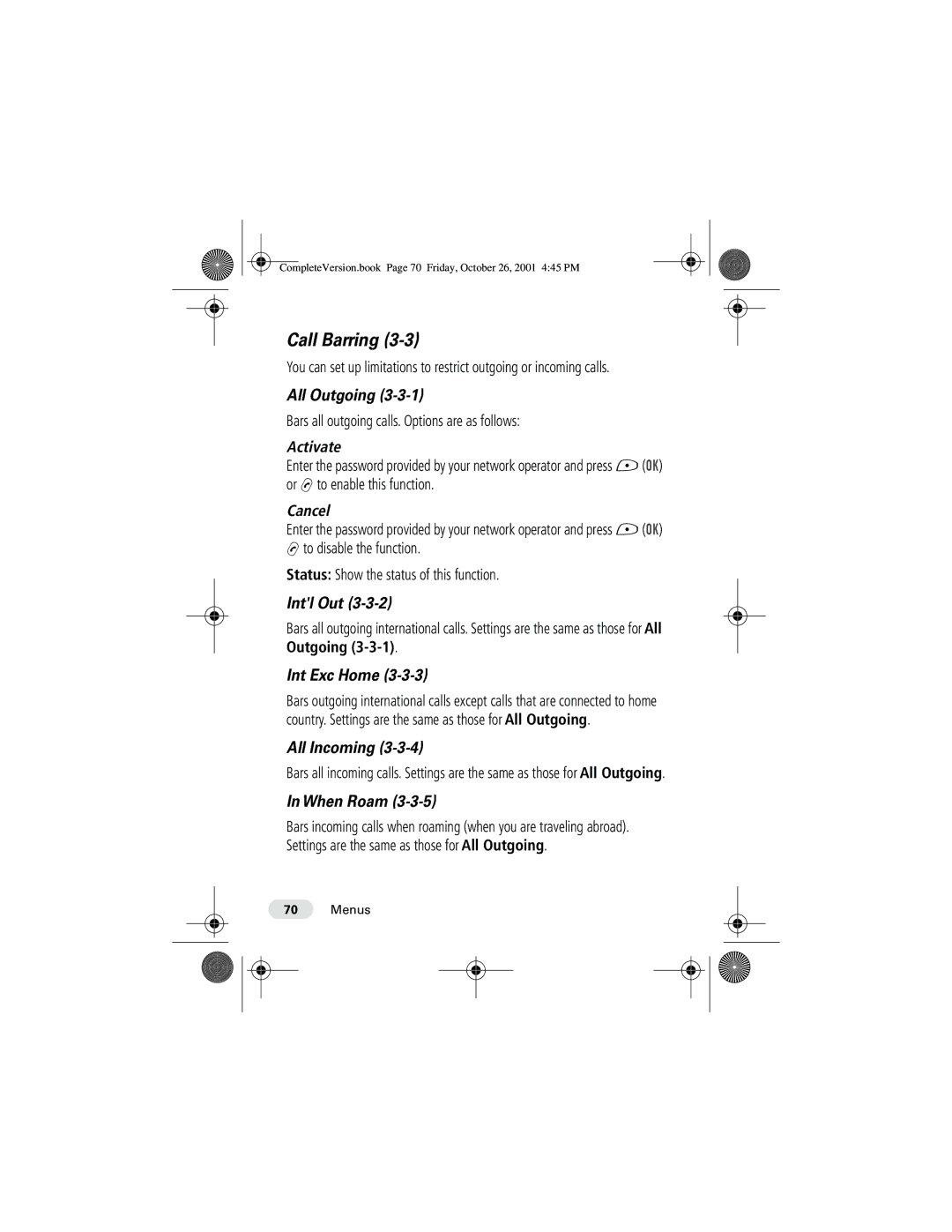 Motorola T190 manual Call Barring 