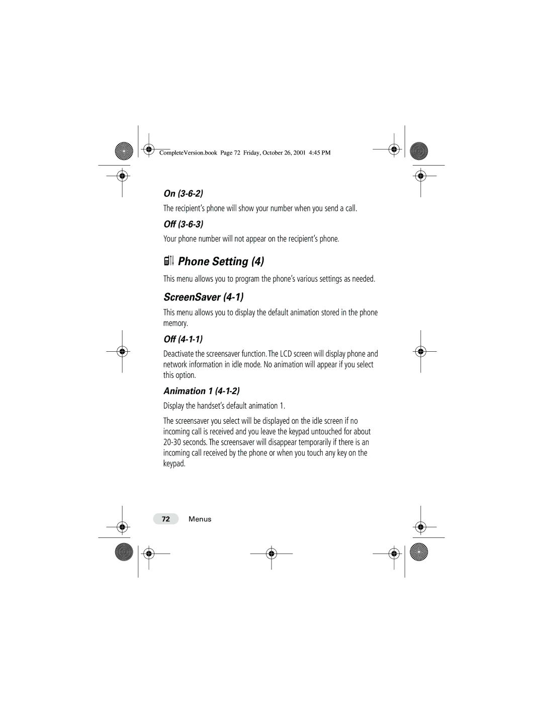 Motorola T190 manual Phone Setting, ScreenSaver, Off, Animation 1 