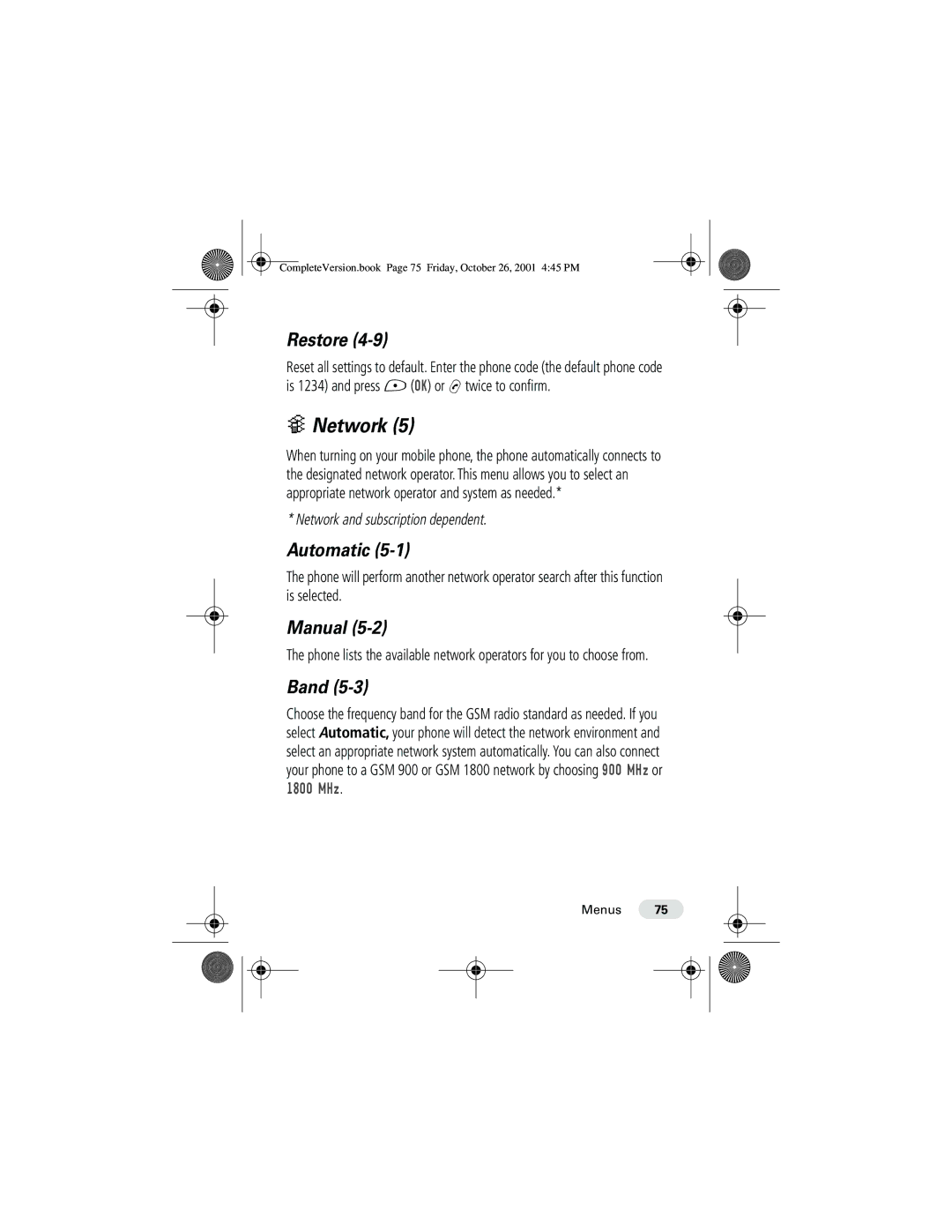 Motorola T190 manual Network, Restore, Automatic, Manual, Band 