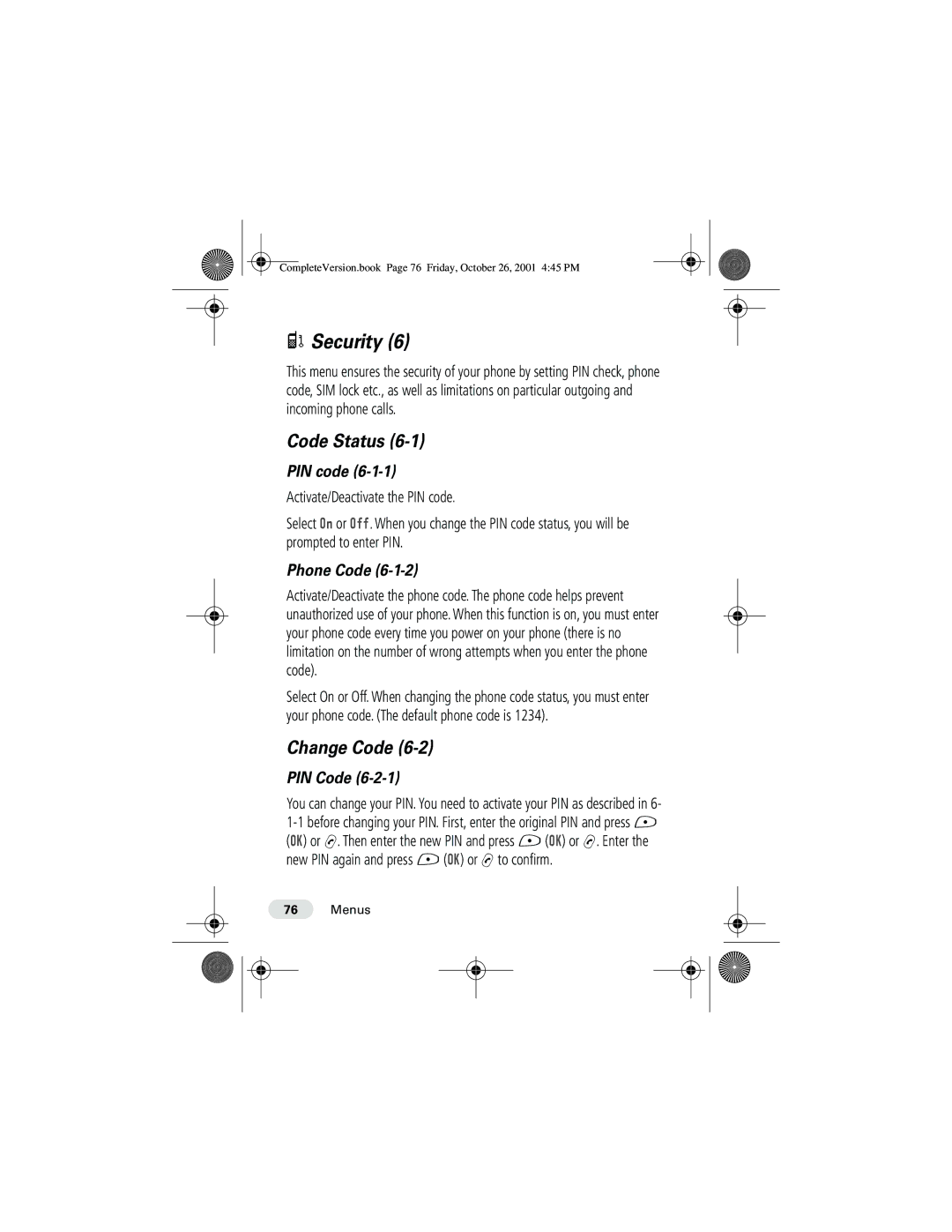 Motorola T190 manual Security, Code Status, Change Code, PIN code, Phone Code 