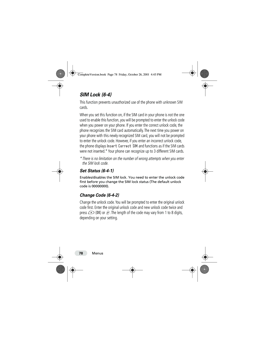 Motorola T190 manual SIM Lock, Change Code 