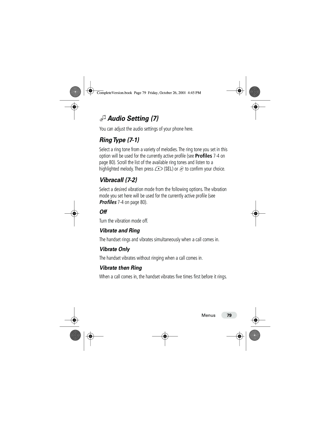 Motorola T190 manual Audio Setting, Ring Type, Vibracall 