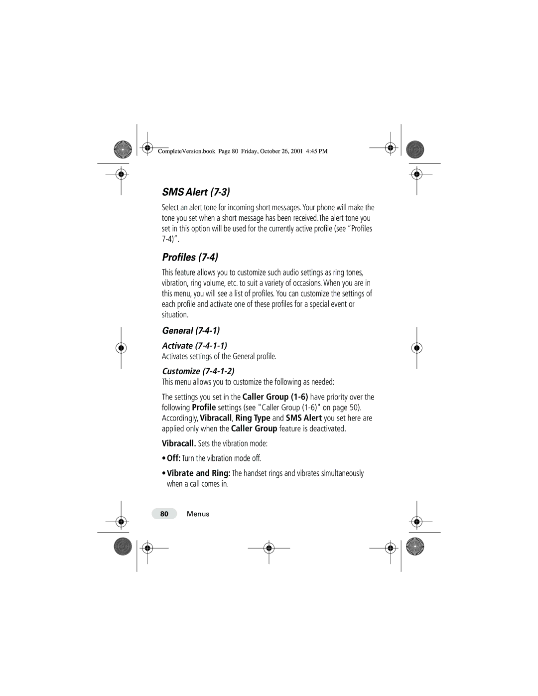 Motorola T190 manual SMS Alert, Proﬁles, General, Customize 