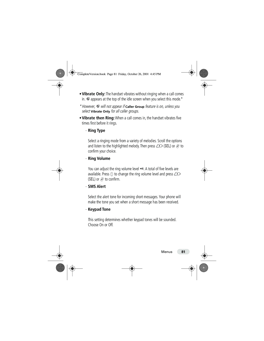 Motorola T190 manual Ring Type, Ring Volume, SMS Alert, Keypad Tone 