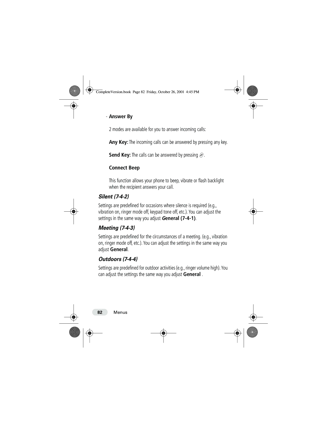 Motorola T190 manual Silent, Meeting, Outdoors, Answer By, Connect Beep 