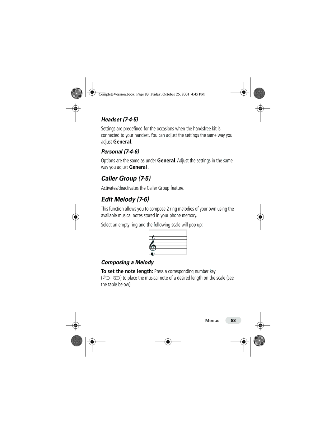 Motorola T190 manual Edit Melody, Headset, Personal, Composing a Melody 