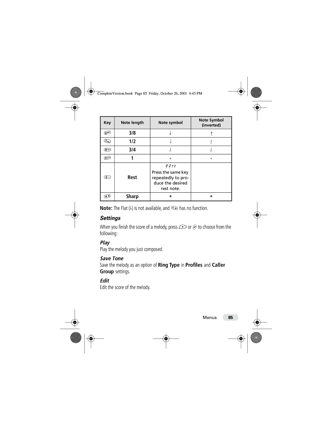 Motorola T190 manual Settings, Play the melody you just composed, Save Tone, Edit the score of the melody 