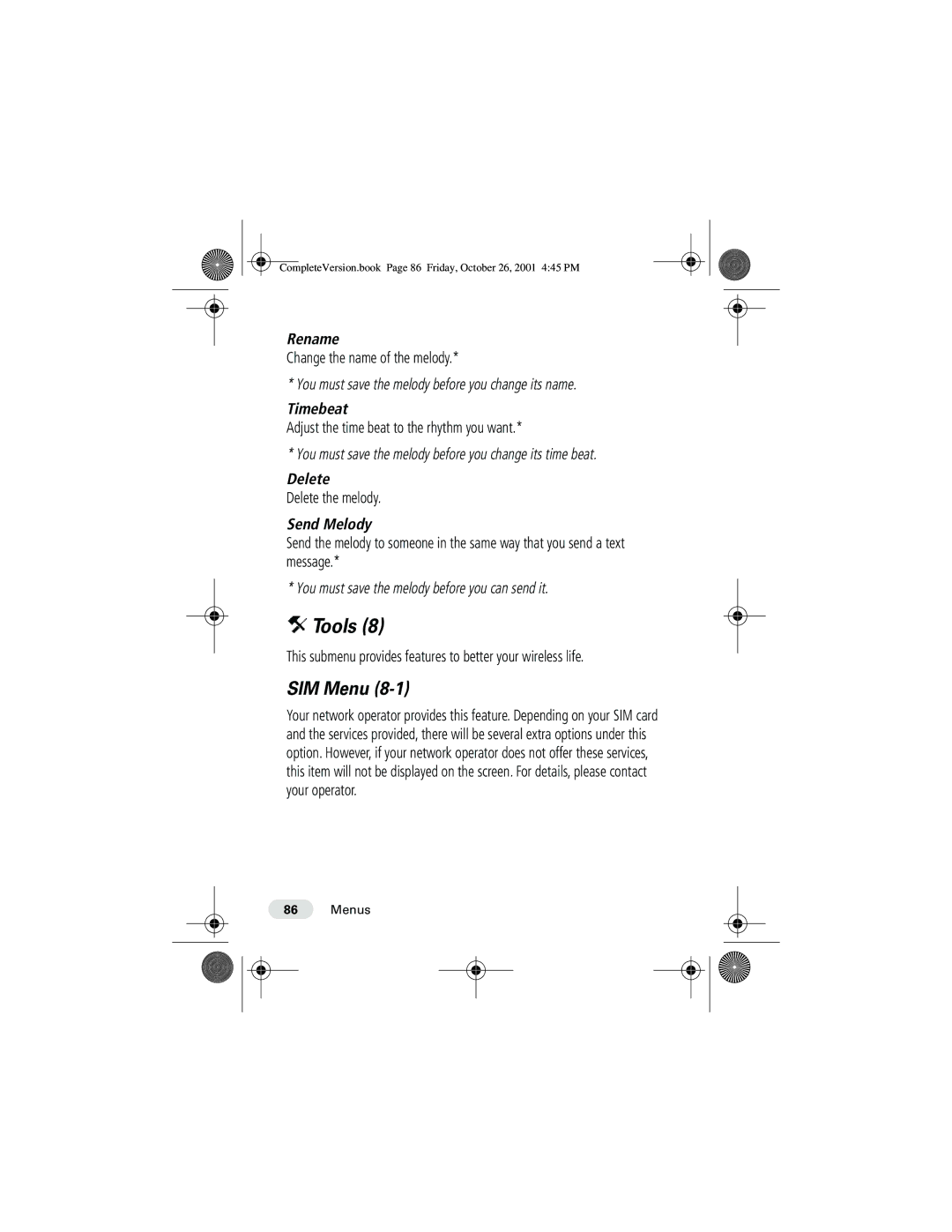 Motorola T190 manual Tools, Rename, Timebeat, Send Melody 